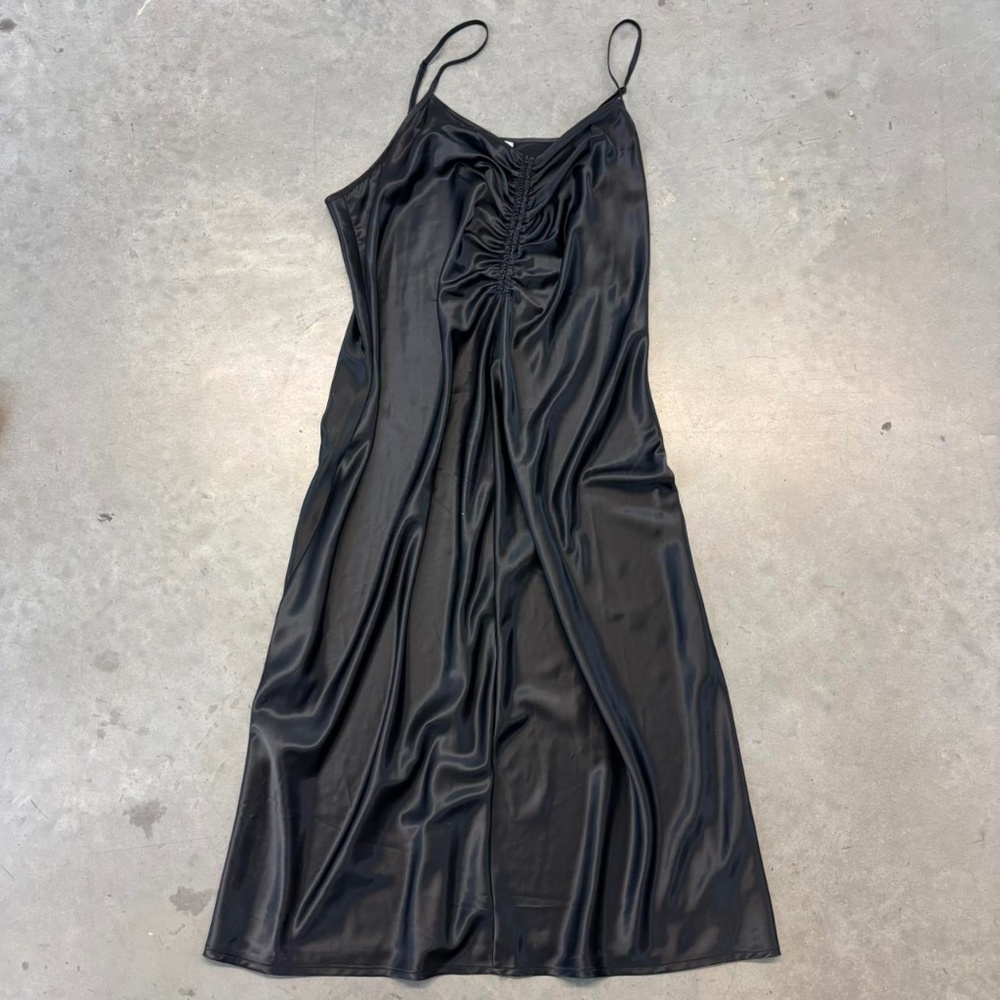 Black satin slip dress with ruched detail XXL